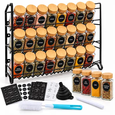 Produktbild von Relaxdays Gewürzregal, 24 Gläser, Küchenorganizer, stehend, Wand, HBT 37x25x12cm, Gewürzständer, Metall, Bambus, schwarz, KI-generiertes Bild