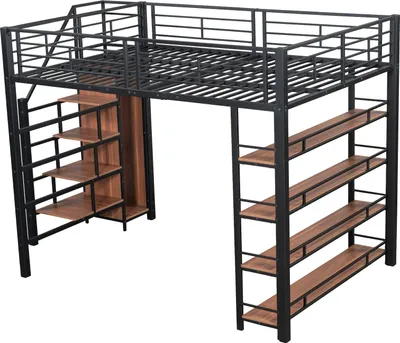 Produktbild von Hochbett, 140x200 cm, Metallbett mit Lattenrost, Regal, Treppe und Rausfallschutz, Kinderbett, Jugendbett