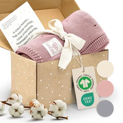 Produktbild von Merle Toys® Baby Strickdecke mit Lochmuster aus 100%  Baumwolle, Decke Baby, Baumwoll Decke, Baby Kuscheldecke Baumwolle, Babydecke Baumwolle, Rosa