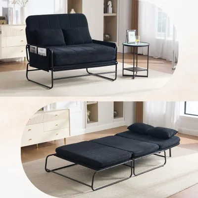 Produktbild von AIORBER Schlafsofa 2 Sitzer Klappsofa mit Bettfunktion Metallgestell Chenille Couch mit Seitentaschen Kissen Schwarz