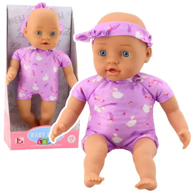 Obrázok produktu pre Bábika v fialovom body, mäkké bruško, čelenka s mašľou, 31 cm
