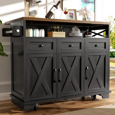 Image de MODFU Îlot de Cuisine - Chariot de Cuisine avec Plan de Travail et Rangement Amovible - MDF et Métal - 118×43-80×98 cm - Noir