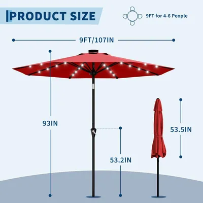 Zdjęcie produktu dla Parasol tarasowy - parasol ogrodowy o średnicy 9 stóp (2,7 m) - oświetlenie LED - mechanizm rozkładania za pomocą korby - funkcja regulacji kąta nachylenia sterowana przyciskiem - 8 stabilnych rozpórek - kolor czerwony