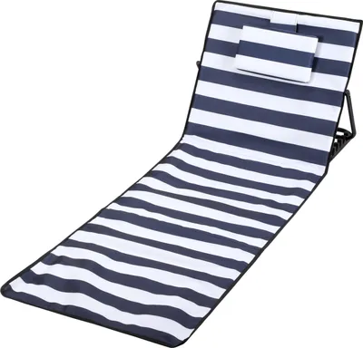 Immagine prodotto di Tappetino da spiaggia Clanmacy con tracolla, poggiatesta e schienale regolabile in poliestere 600D blu e bianco, 1 pezzo, 158 cm x 55 cm