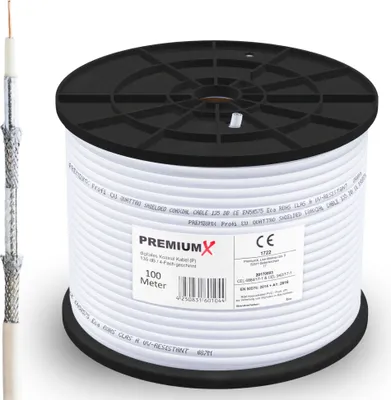 Obrázok produktu pre PremiumX 100 m PROFI koaxiálny kábel 135 dB CU 4-násobný anténny kábel