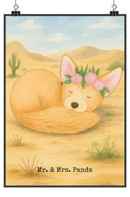 Produktbild von Mr. & Mrs. Panda Bild Wüstenfuchs Blumen Design DIN A2 - Weiß - Geschenk, Wandbild, Kunstdruck, Blumenkranz, Glücklich, Poster, wanddeko, Afrika, Wüste, drucke