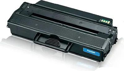 A black toner cartridge is shown on a white reflective surface.
