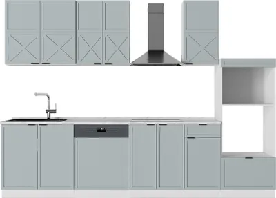 Image de Cuisine Vicco Fame-Line Bleu clair-gris/blanc 300cm avec armoire haute, sans PT, Model 51222