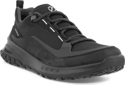A black Ecco hiking shoe is shown from a side angle against a white background.