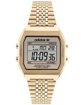 A close-up studio shot of a gold digital watch.