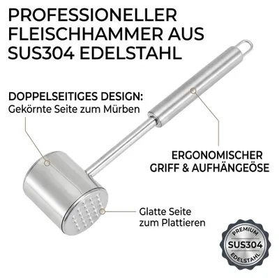 Produktbild von Fleischhammer Edelstahl SUS304 Profi Fleischklopfer Beidseitig 26,6cm