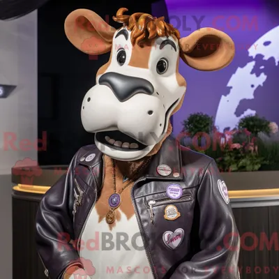 Produktbild von Lavendelfarbenes REDBROKOLY Guernsey-Kuh-Maskottchen-Kostüm mit Lederjacke und Halsketten