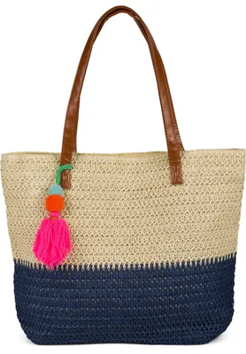 Produktbild von styleBREAKER Damen Bast Strandtasche 45 x 13 x 46 cm mit Reißverschluss | Zweifarbige Korbtasche mit Quaste | Flechttasche mit langen Henkeln für Strand & Shopping