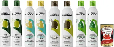 Produktbild von Mantova Ölspray-Set mit italienischem Geschmack, natives Olivenöl, Ingwer, Trüffel, Basilikum, 8 x 200 ml + Italian gourmet polpa 400g