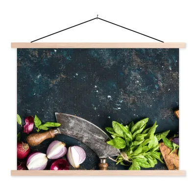 Produktbild von MuchoWow® Textilposter Gemüse - Kräuter - Wiegemesser - Zwiebel - Gewürze - Rustikal 60x45 cm mit holzfarbenen Rahmen - Bild