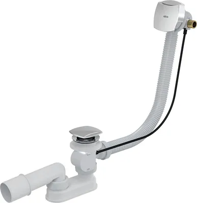 A bathtub drain and overflow assembly with a flexible hose and a chrome-finished pop-up stopper.