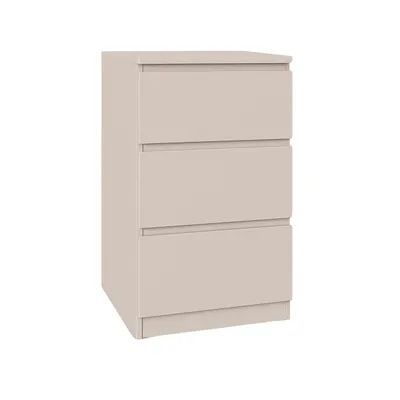 A beige three-drawer chest of drawers on a white background.
