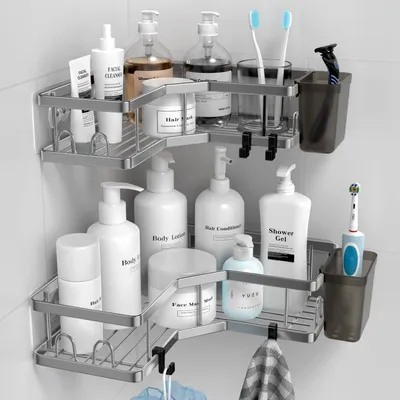 Produktbild von Duschablage ohne Bohren, 2 Stück, Edelstahl, Schwarz, mit Haken und Zahnpasta Halter