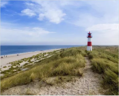 Produktbild von Wallario Poster - Am Strand von Sylt  Leuchtturm auf der Düne  Panorama, Kunstdruck Größe: 40 x 50 cm