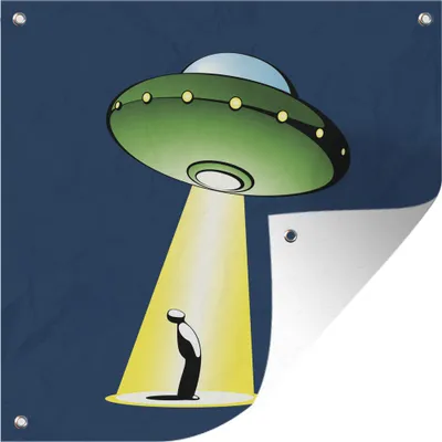 Produktbild von MuchoWow® 100x100 cm Outdoor-Poster Gartendeko Sichtschutz Garten Poster für den Garten  Eine Illustration eines UFOs, das eine Person inspiziert - Jungen - Mädchen - Kinder - Kinder