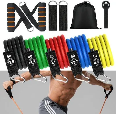 Productafbeelding van Unyqoos® Set van 11 weerstandsbanden – 5 sterktes (10–50 pond), latexbanden met handgrepen, enkelbanden, deuranker en waterdichte draagtas voor krachttraining thuis