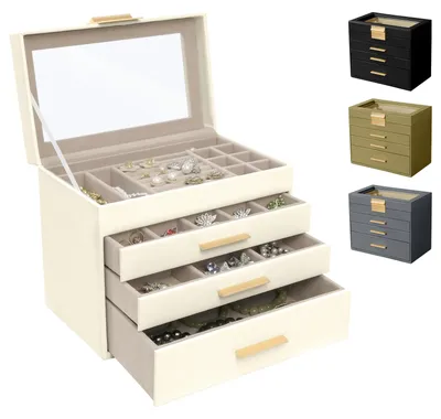 Produktbild von Große Schmuckschatulle für Damen mit 4 Ebenen – Aufbewahrungsbox für Ringe, Ohrringe, Armbänder und mehr