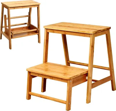 Produktbild von Tritthocker klappbar, 2 stufiger Klapphocker aus Bambus, Trittschemel mit Rutschfester Oberfläche, Haushalttritt für Küche Wohnzimmer Garage, 100 kg belastbar