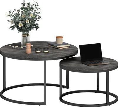 Produktbild von Couchtisch 2er-Set, Beistelltisch mit Metallgestell, Sofatisch, stapelbar, Kaffeetisch, Wohnzimmer, Schlafzimmer, Schwarz