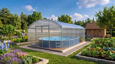 Zdjęcie produktu dla Pokrywa basenowa "Adria" firmy Garten Dream. Wymiary: 4x8 metrów. Wykonana z poliwęglanu o grubości 4 mm. Przeznaczona do użytku przez cały rok. Odporna na śnieg i wiatr. Dwa drzwi po każdej stronie. Zabezpieczenie przed korozją