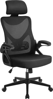 Produktbild von Yaheetech Bürostuhl Ergonomisch, Schreibtischstuhl mit Hochklappbaren Armlehnen, Drehstuhl mit Rückenlehne und Verstellbarer Kopfstütze, bis 136 kg Belastbar Schwarz