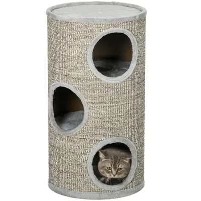 Produktbild von PawHut Kratztonne, Höhe 70 cm, Spieltonne für Katzen, 3 Ebenen, Katzenkratzbaum mit 3 Höhlen, Katzenbaum, Kratzturm aus Sisal, Katzenmöbel, Plüsch, Grau
