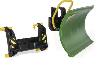A green snow plow blade and a black and yellow attachment are shown against a white background.
