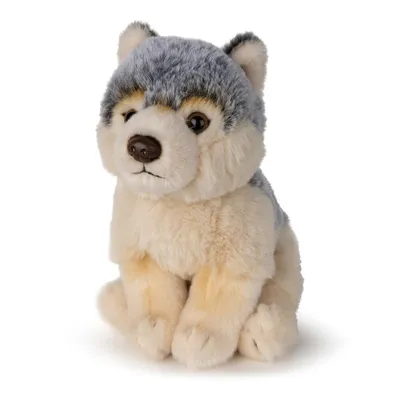 A plush toy wolf is sitting on a white background.