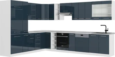 Obrázek produktu pro Rohová kuchyňská linka Vicco Fame-Line Tmavě modrá s vysokým leskem/Bílá 347 x 257 cm bez pracovní desky, Model 49043
