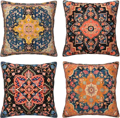 Productafbeelding van Set van 4 Mexicaanse kussenslopen, 45,7 x 45,7 cm, retro tribal en etnische geometrische patronen, voor bank