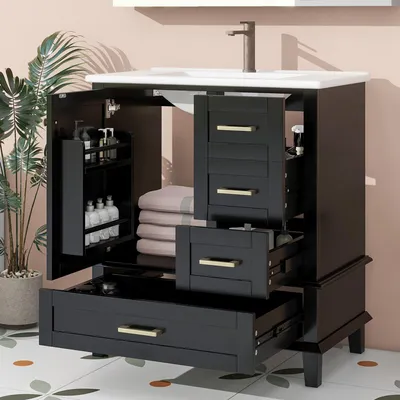 Produktbild von Flieks Badezimmerschrank mit Türregal, drei geräuschlose Schubladen, verstellbare Regale, integriertes Keramikwaschbecken, Waschtisch, Schrank,Schwarz