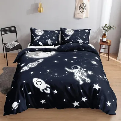 Zdjęcie produktu dla Komplet pościeli z motywem kosmosu i astronautami dla dzieci, rozmiar 155x220 cm, 2 poszewki 80x80 cm, wykonany z mikrofibry