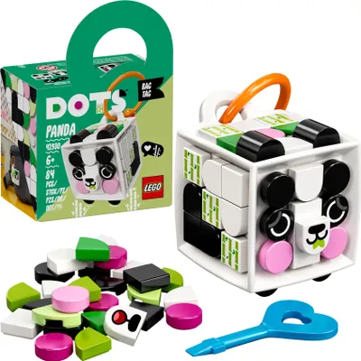 A collage showing the LEGO DOTS Panda Bag Tag building kit, including the product packaging, the assembled bag tag, and loose building pieces.