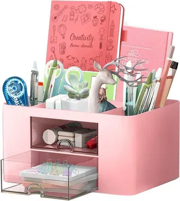 Imagen del producto de Organizador multifuncional para escritorio con función de carga, de 5 compartimentos, para bolígrafos, color rosa. Solución compacta para organizar el espacio de trabajo en la escuela, en casa o en la oficina