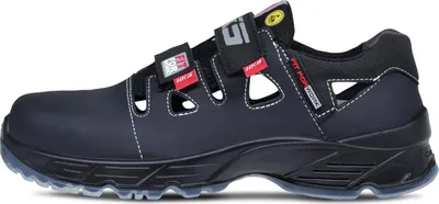 A black safety sandal is shown from the side against a white background.
