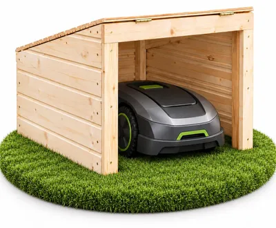 Produktbild von Wortek Mähroboter Garage Carport Rasenmäher Roboter Rasenroboter Unterstand Dach | Holz mit Klappdeckel | fertig montiert