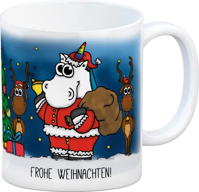 Produktbild von Honeycorns Kaffeebecher mit Einhorn Weihnachtsmann Motiv und Spruch: Frohe
