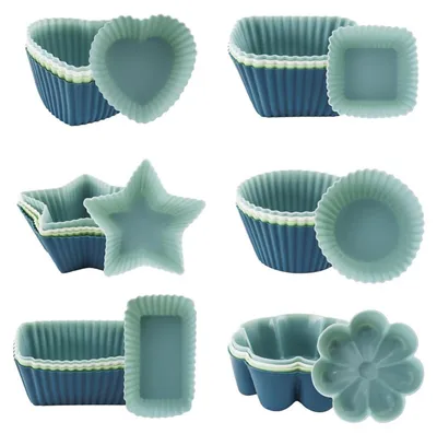 Produktbild von Silikon Muffinförmchen 24 Stück, 6 Formen, Wiederverwendbar, Antihaft, Spülmaschinenfest, 4 Farben