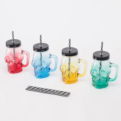 Produktbild von Relaxdays Trinkgläser mit Deckel & Strohhalm, 4er Set, 500 ml, Totenkopf, Schraubverschluss, Henkel, Glasbecher, bunt