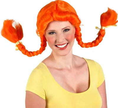 Produktbild von Boland Perücke mit orangefarbenen Zöpfen und Schleife