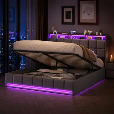 Immagine prodotto di Letto imbottito UnboxG, modello con sistema di sollevamento idraulico, dimensioni 160x200 cm, dotato di luci LED, prese USB e di tipo-C per la ricarica, ampio spazio contenitivo, rete a doghe, rivestito in lino, colore grigio