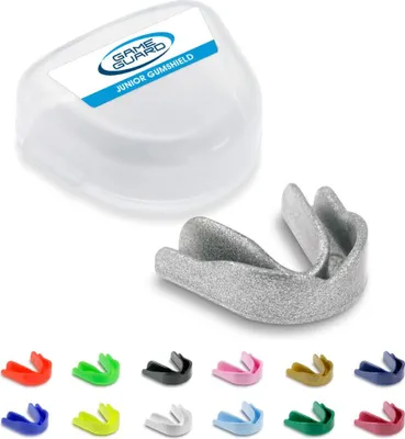 Produktbild von GameGuard Zahnschutz für Kinder – Silberner Mundschutz mit Glitzereffekt für Kampfsport, Hockey & Rugby – Einfach anpassbar – Mundschutz / Knirschersc