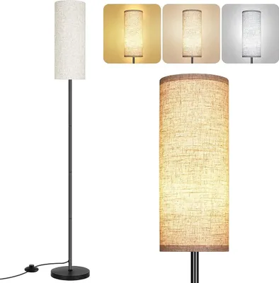 A floor lamp with a linen lampshade is shown in a studio setting with multiple color temperature examples.