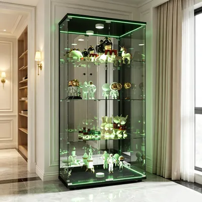 Produktbild von INONEFT Glasvitrine mit Doppeltüren, Standvitrine mit 4 Ablagen und LED, Vitrinenschrank für Sammlerstücke, Spiegelrückwand, Schwarz, 80.5x36.5x164CM