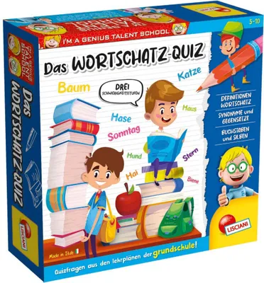 The image shows the front of a board game box for a German vocabulary quiz for children.
